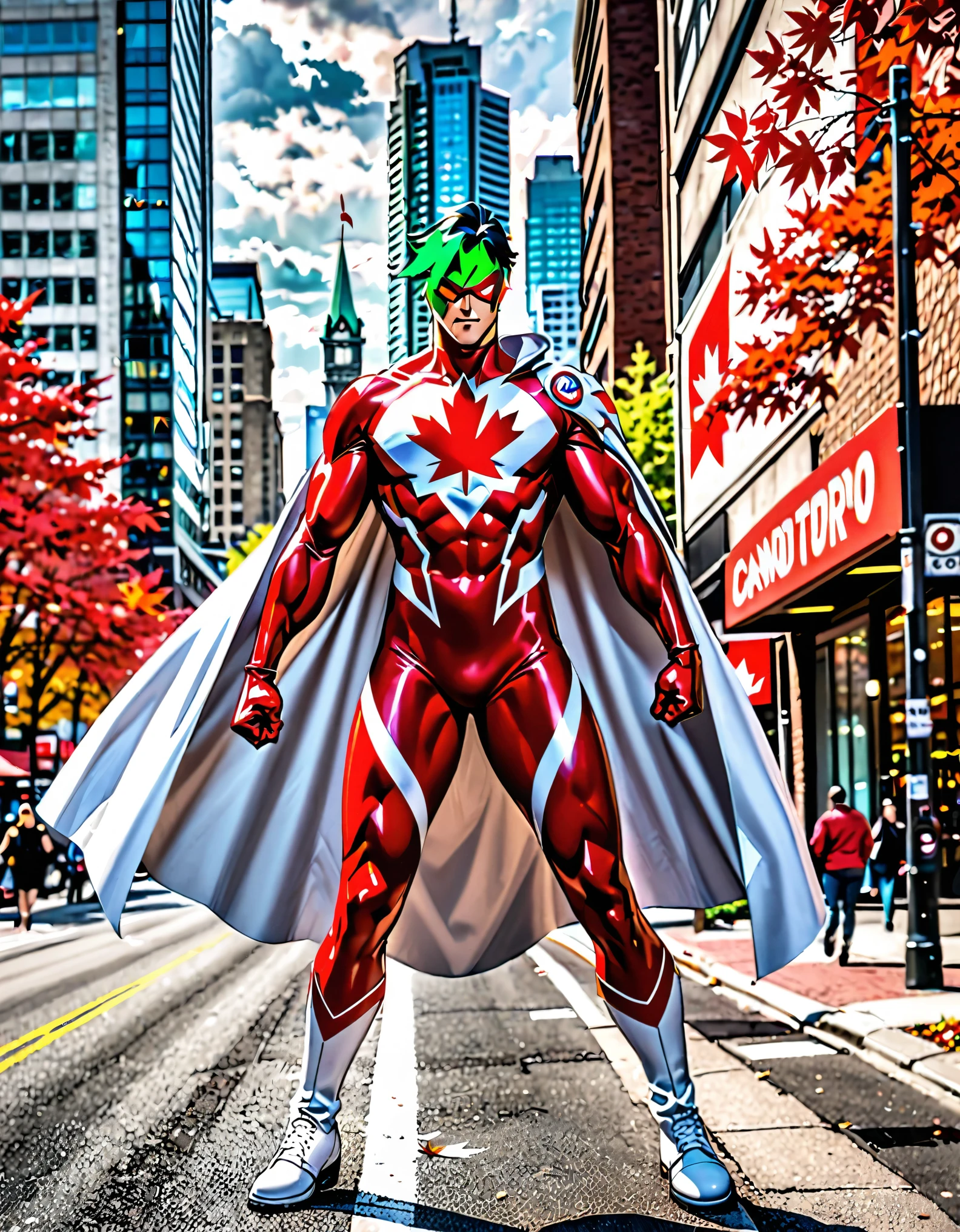 (masterpiece), (best quality), (high res), solo, solo focus, best quality, masterpiece, highres, solo, solo focus, 1boy, mature man, black hair, short hair, green hair, canadian, BREAK superhero, medium cape, muscular, red full bodysuit with white accents, ((red maple leaf logo on chest)) clenched fights, dynamic heroic pose, standing, BREAK montreal city street backdrop, daytime, outdoors, perfect lightning, looking at viewer, white boots. toronto backdrop, cowboy shot, full body costume design. superhero