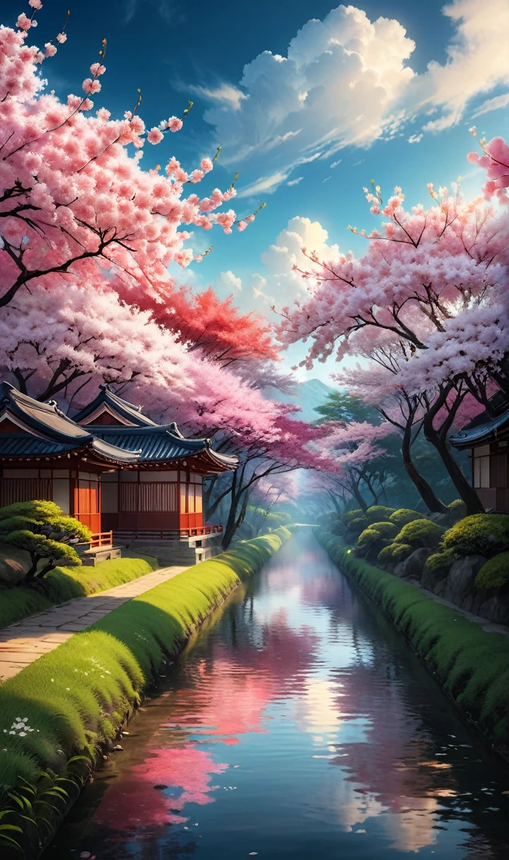Award-winning photography，Showing extremely beautiful magical scenery，The color scheme is inspired by Japanese cherry blossoms. Soft, Wimmelbilder or floraes depicting fluffy clouds in various shades of sky, 使用哈苏 2000 年代的复古 RAW 照片等高端camera拍摄的伪装中景, Reality, Film Grain, camera, Color, Eye Spotlight, Atmospheric lighting, imperfections, Nature, Shallow depth of field, High level of detail，Create photo-like images, Focus on lighting, Realistic textures, Ultra Detailed.