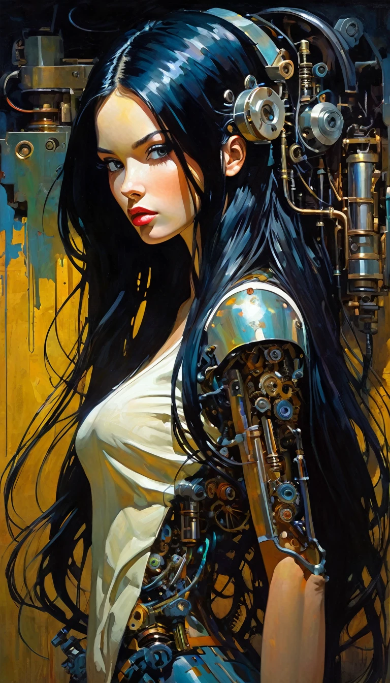 a mechanical girl with long black hair, beautiful and cute face, detailed mechanical body, highly realistic, oil painting, best quality, masterpiece, cinematic lighting, dramatic shadows, vibrant colors, dynamic composition, art inspired by Bill Sienkiewicz