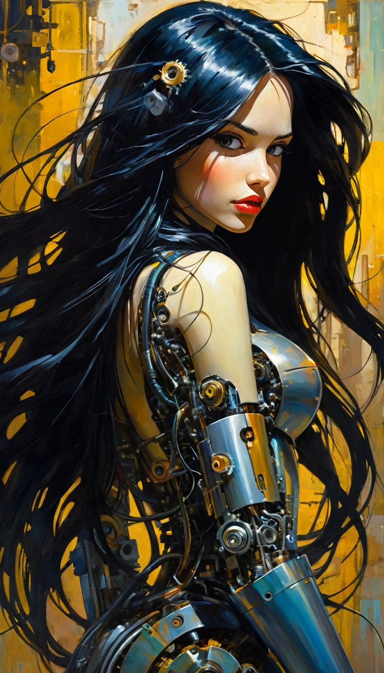 a mechanical girl with long black hair, beautiful and cute face, detailed mechanical body, highly realistic, oil painting, best quality, masterpiece, cinematic lighting, dramatic shadows, vibrant colors, dynamic composition, art inspired by Bill Sienkiewicz