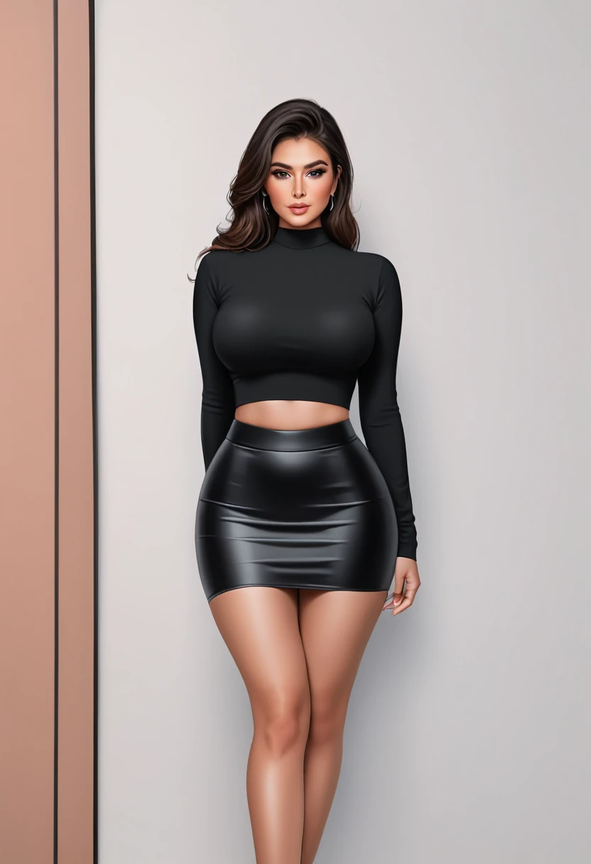 a woman busty and medium thick with crop top with long sleeves and a little black skirt, 8k, thick lengs, hiding both of her palm behind her back