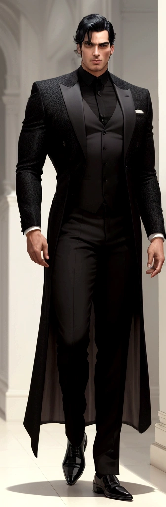 man of 1,80m tall and built, but not exaggerated. Your skin is clean. He has thick black hair, cut in a modern, elegant style.