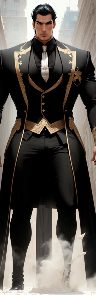 man of 1,80m tall and built, but not exaggerated. Your skin is clean. He has thick black hair, cut in a modern, elegant style.