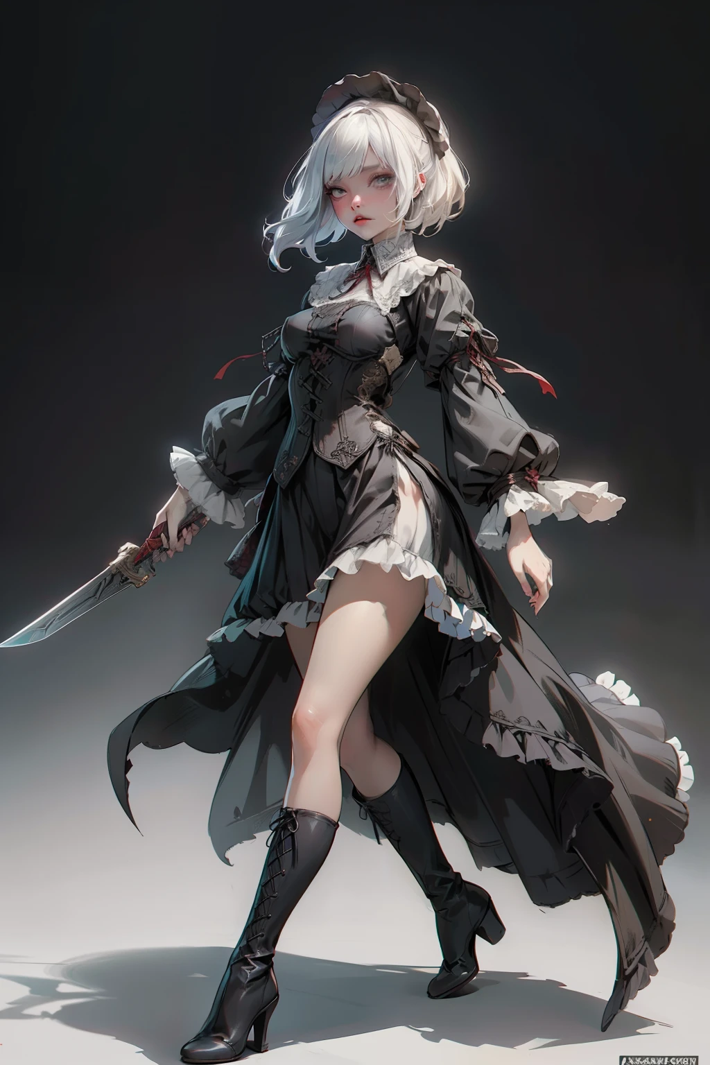  ((best quality)), ((masterpiece)), (detailed), red and white clothing, Bloodborne inspired, occult aesthetic, occult, detailed and intricate steampunk and detailed gothic, NSFW, Very dramatic and cinematic lighting, cosmic horror, grim-dark, side-lighting, perfect face, NSFW, Fluttering lace flared long knee length dress with frilly petticoats, knee length dress, pleated petticoats, ****ta dress, petticoats gothic ****ta, complex lace boots, side-lighting, gothic ****ta aesthetic, wielding a mighty sword with mechanical components, carbine, NSFW, beautiful small breasts, small breasts, full body, whole body, body, NSFW, full body, whole body, head-to-toe NSFW 