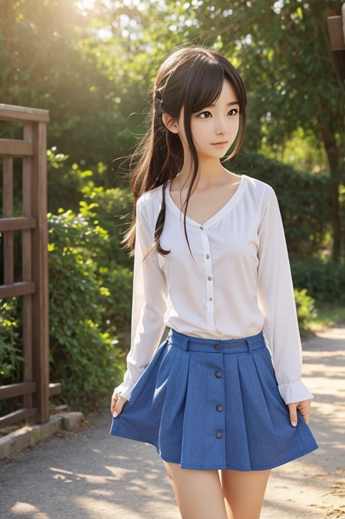 One Girl、Beautiful and detailed eyes and face、barefoot、Cute Japanese girl, ((Extremely precise and accurate anatomy:1.0)), (photo Realistic:1.4), (hyper Realistic:1.4), (最高品質のRealisticな肌の質感:1.4), (Improvement of quality:1.4), (Enhances the beauty of skin texture:1.1), Clean and glowing skin, mesh, thin:1.2, (Realistic:1.3), Realisticなライティング, (Smoother lighting:1.05), (Improving the quality of cinema lighting:0.9), Backlight, A gentle light on your face, Ray Tracing, (Bright light:1.2), 32K, One Japanese woman, fine grain, Detailed face, (Film Grain:1.1),(Accentuates body lines:1.1), High resolution, Natural look, Kind eyes, Improves hair quality, Delicate light and shadow, Transparent muscles, Graceful pose, Beautiful Eyes, Sharp details, Soft light reflection, Beautiful contours, Delicate skin tone, Fine hair texture, Natural background, (((sunny day、School zone、A strong wind is blowing、Her hair and skirt are flying、 Open shirt、Pleated skirt、stroll:1.25、Light of the sun、Clear skies、stage、Blue sky and white clouds、The joys of youth)))、