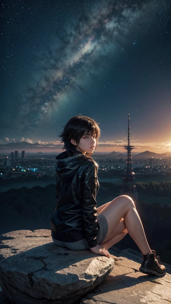 anime girl sitting on a rock looking at the sky,a sky piercing tower, lots, lots distante, makoto shinkai cyril rolando, 4K anime art wallpaper, 4k anime art wallpaper, cyril rolando and goro fujita, 8K anime art wallpaper, anime wallpaper 4k, anime wallpaper 4k, anime wallpaper 4k, ( ( makoto shinkai ) ), makoto shinkai!