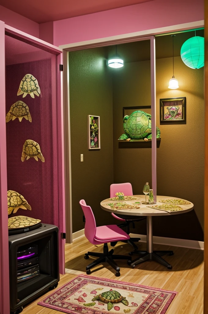 Generate a room decorated with turtles,that has a rat chair and a tortilla sheet with a pink gaming PC and a glass door