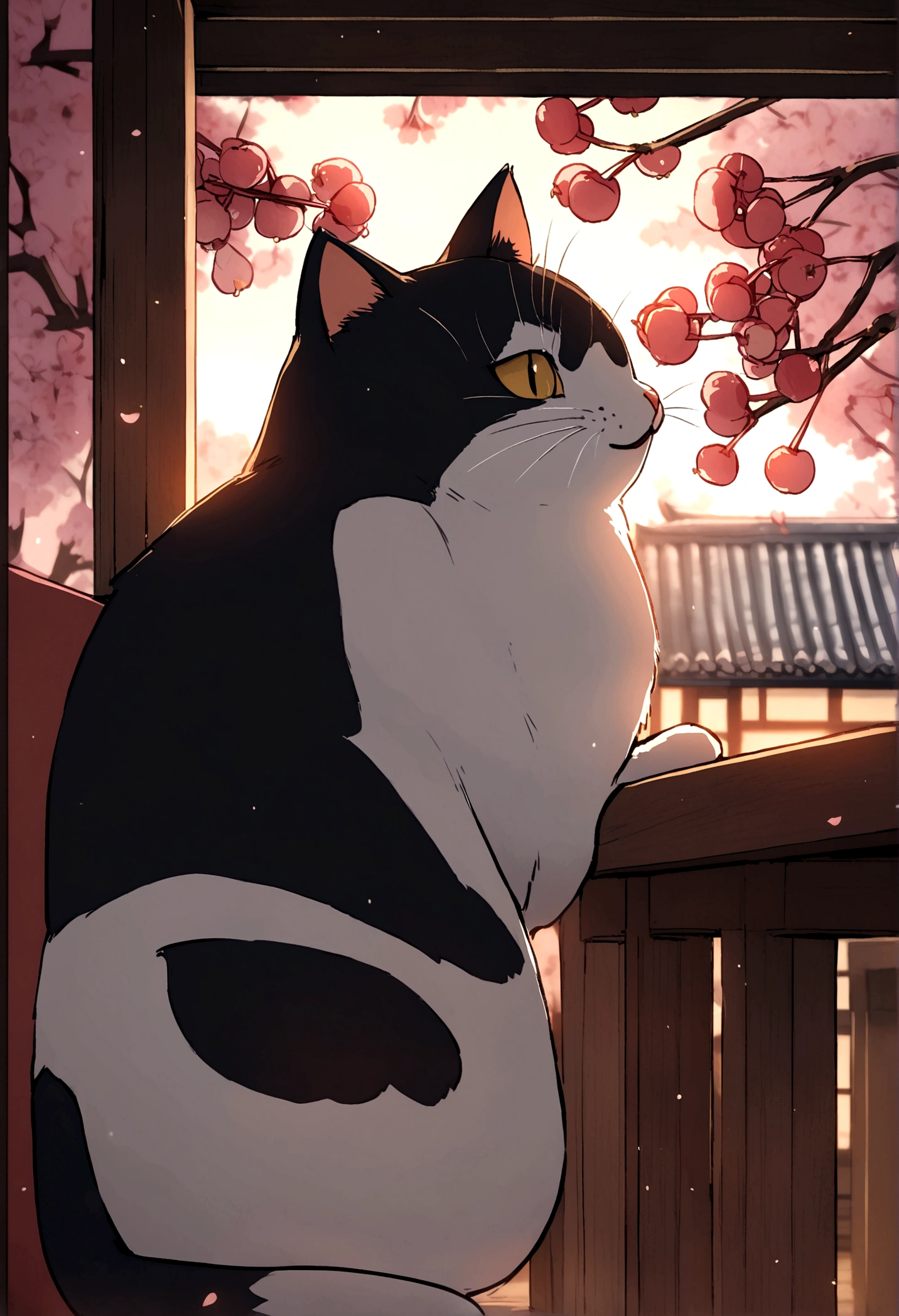 A samurai cat with cherry trees in the background