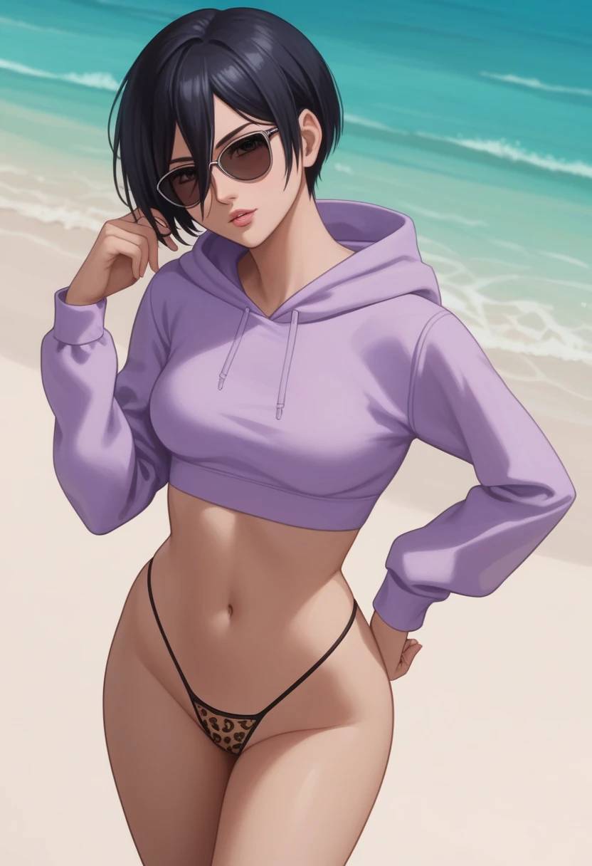 score_9_up, score_8_up, score_7_up, 1girl, solo, mature female, Mikasa, very short black hair, pixie cut, dark grey eyes, pink lips, parted lips, fit slim body, ((perfect medium erected breast)), (((lilac hoodie, leopard tight thong, sunglasses))), rosy cheeks, wide hips, sand beach, looking at the viewer, standing in seductive pose