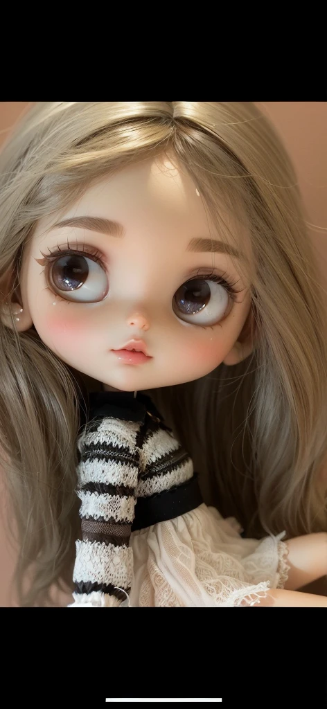 Make a blythe doll with dark brown eyes, dark brown hair with curtain bangs, dark brown eyebrows with small eyeliner, beautiful eyelashes and lips with dark pink cupid's bow and light brown skin. With a wine red long-sleeved shirt and skirt black
