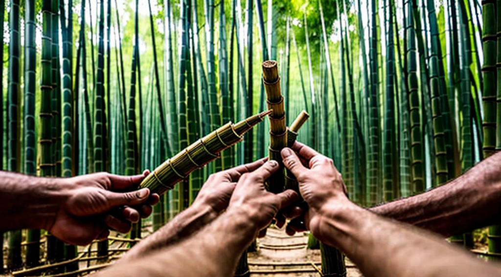 close-up image of human arms and hands holding faction - faction - each five hands individually holding - five faction - cut the bamboo grove inside the forest - violently