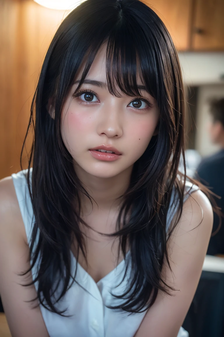 ((Upper Body:1.3)).Blown by the long wind [Blue-black:.3] hair,Looking at the audience, (Tabletop:1.3), (8K, Realistic, RAW Photos, Highest quality: 1.4), Japanese, (1 Girl), Beautiful Face, (Realistic face),{Wavy medium hair|Front hair long bob|short hair with long bangs}{Black hair|Brown hair|Blonde hair}, Beautiful hairstyle, Realistic eyes, Beautiful and beautiful eyes, (Realistic skin), Beautiful Skin, charm, Ultra-high resolution, Surreal, Very detailed, Golden Ratio,Female student peeing in the toilet、shame(Blushing:1.3),Upper Bodyは裸、Nipples sticking out、Erect nipples