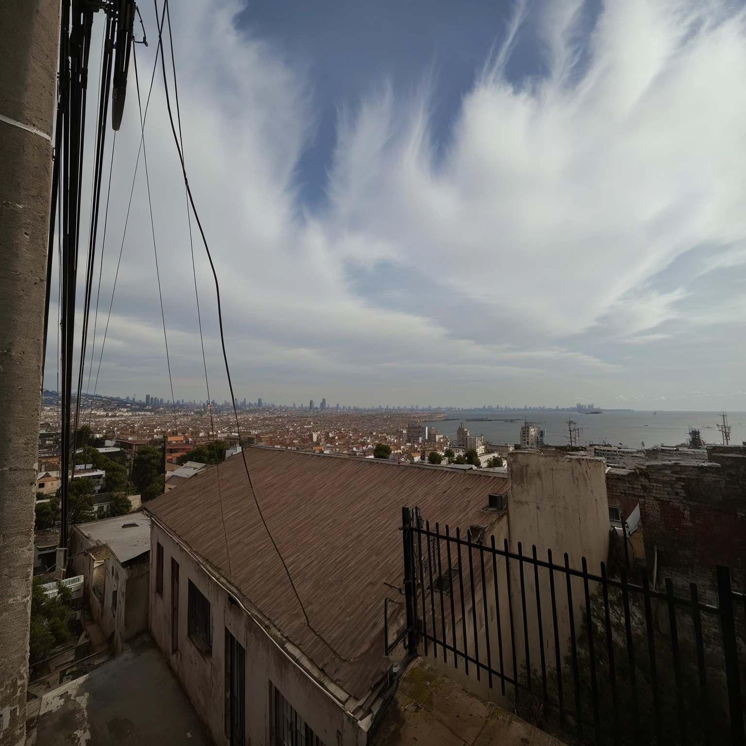 There is a view of a city from above, from the roof, Urban view in the distance, The sea seen behind the city, 8 thousand. filling most of the view, 8 thousand. sight filling, Taken with a Canon 20mm lens., with a city in the background, Taken with Sony Alpha 1 camera., 1 shot 8mm wide