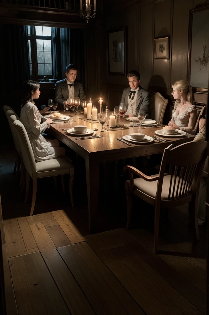 A dinner table with 6 ghostly figures dining, silverware in hand, wine on the table, an old, dimly lit, cobweb-covered environment