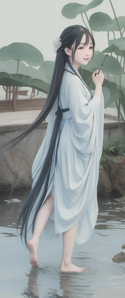 ((4k,masterpiece,best quality)), shuimobysim, traditional chinese ink painting, lotus, hanfu, maxiskit, dress conservatively
1girl, solo, long blue hair, smile, standing, feet in the water, barefoot,