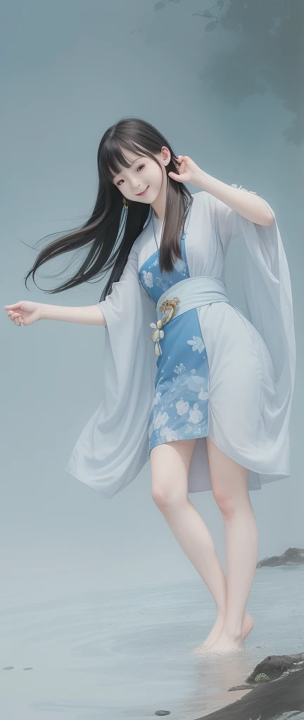 ((4k,masterpiece,best quality)), shuimobysim, traditional chinese ink painting, lotus, hanfu, maxiskit, dress conservatively
1girl, solo, long blue hair, smile, standing, feet in the water, barefoot,