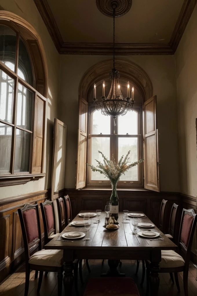 A table where there are 6 (Six) ghost having dinner (Reference to the Holy Supper painting) with your cutlery in hand, on the table there are wines, the environment looks a bit old with cobwebs lining the ceiling a bit gloomy