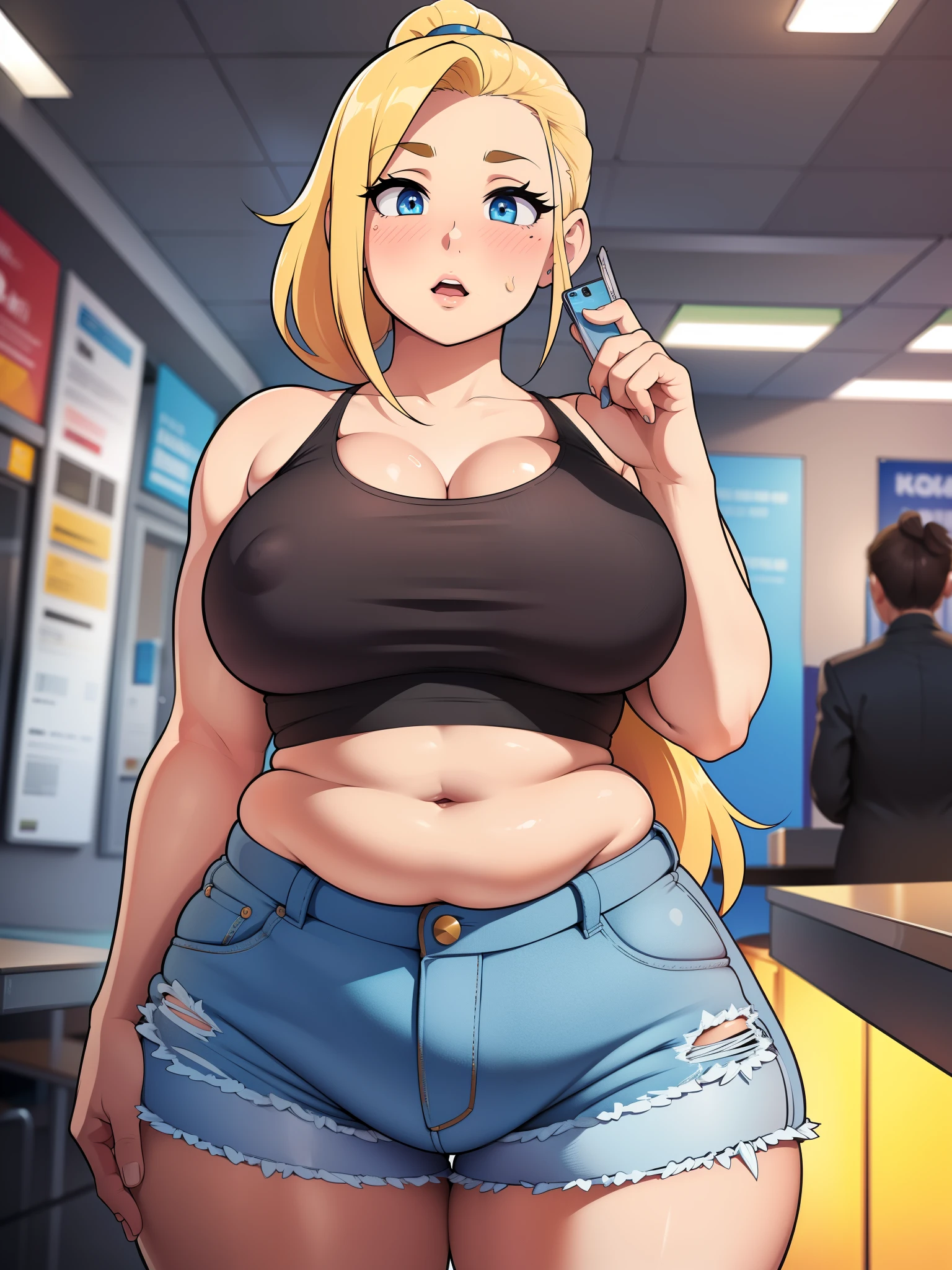 ((high res)), (Masterpiece), perfect anatomy, perfect shading, field of depth, (best quality), extremely delicate and beautiful, perfect lighting, detailed face, ultra cute face, cute, (cowboy shot 1.2), looking at viewer, full body, ((1girl)), ((solo)), long Blonde hair, ponytail, blue eyes, ((blush)), nervous, white crop top, shorts, undersized clothes, large breasts, ((thick thighs)), belly rolls, belly hang, chubby, (chubby belly), Standing by a table of food, fast-food restaurant,