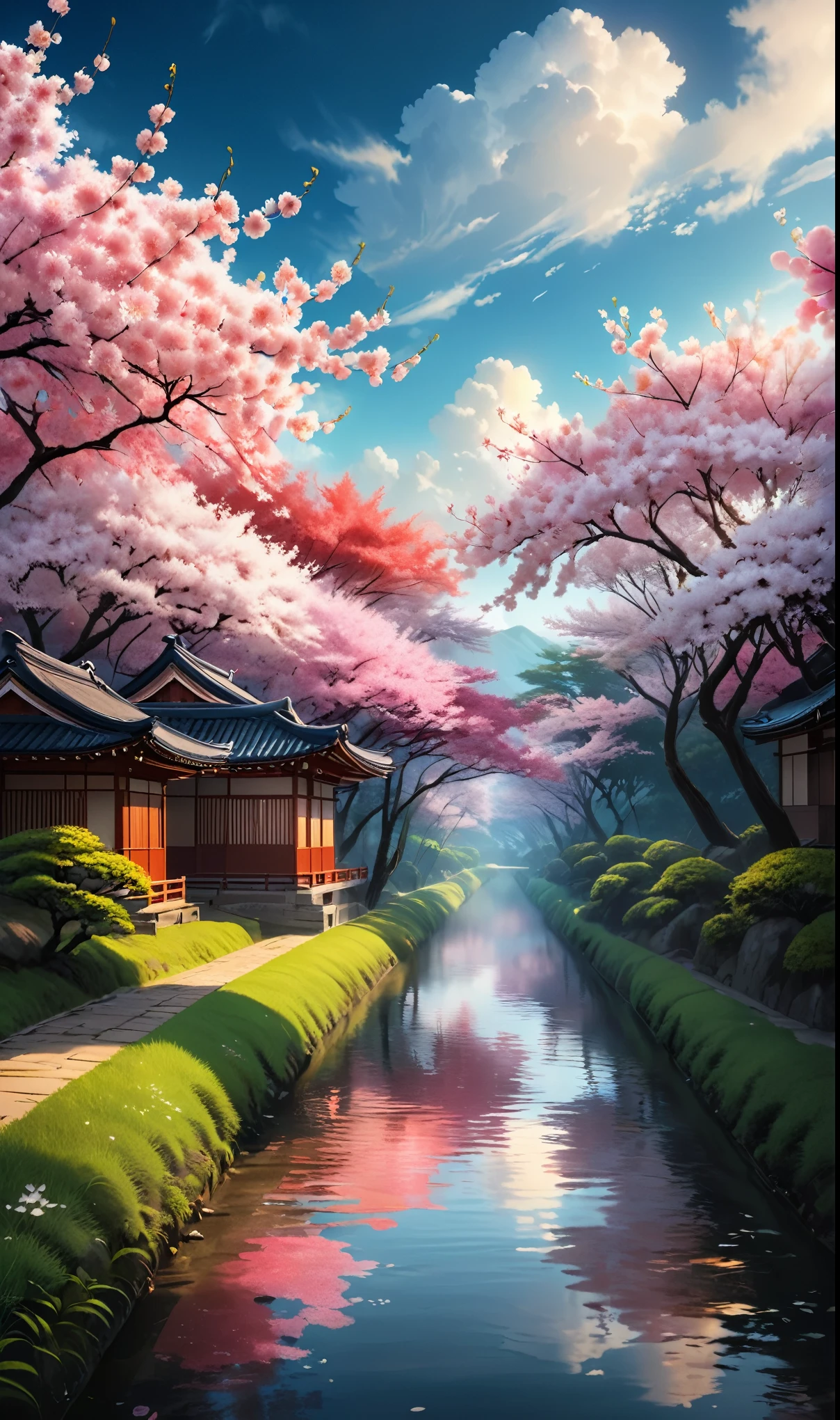 Award-winning photography，Showing extremely beautiful magical scenery，The color scheme is inspired by Japanese cherry blossoms. Soft, Wimmelbilder or floraes depicting fluffy clouds in various shades of sky, 使用哈苏 2000 年代的复古 RAW 照片等高端camera拍摄的伪装中景, Reality, Film Grain, camera, Color, Eye Spotlight, Atmospheric lighting, imperfections, Nature, Shallow depth of field, High level of detail，Create photo-like images, Focus on lighting, Realistic textures, Ultra Detailed.