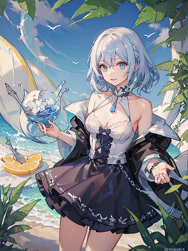 1girl, short hair, wavy hair, blue white hair, summer, 