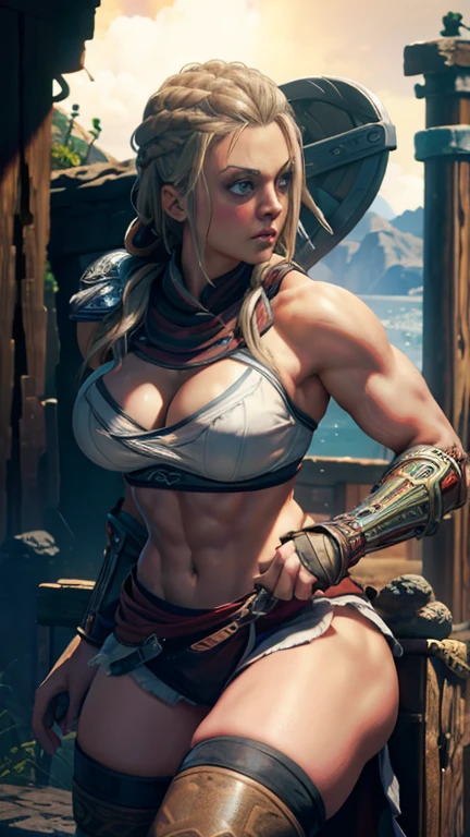 8k, Kaley Cuoco face, Kaley Cuoco as Eivor(Assassin's Creed Valhalla), athletic physique, big round breasts, round ass, blonde hair, toned arms, toned thighs, toned abs