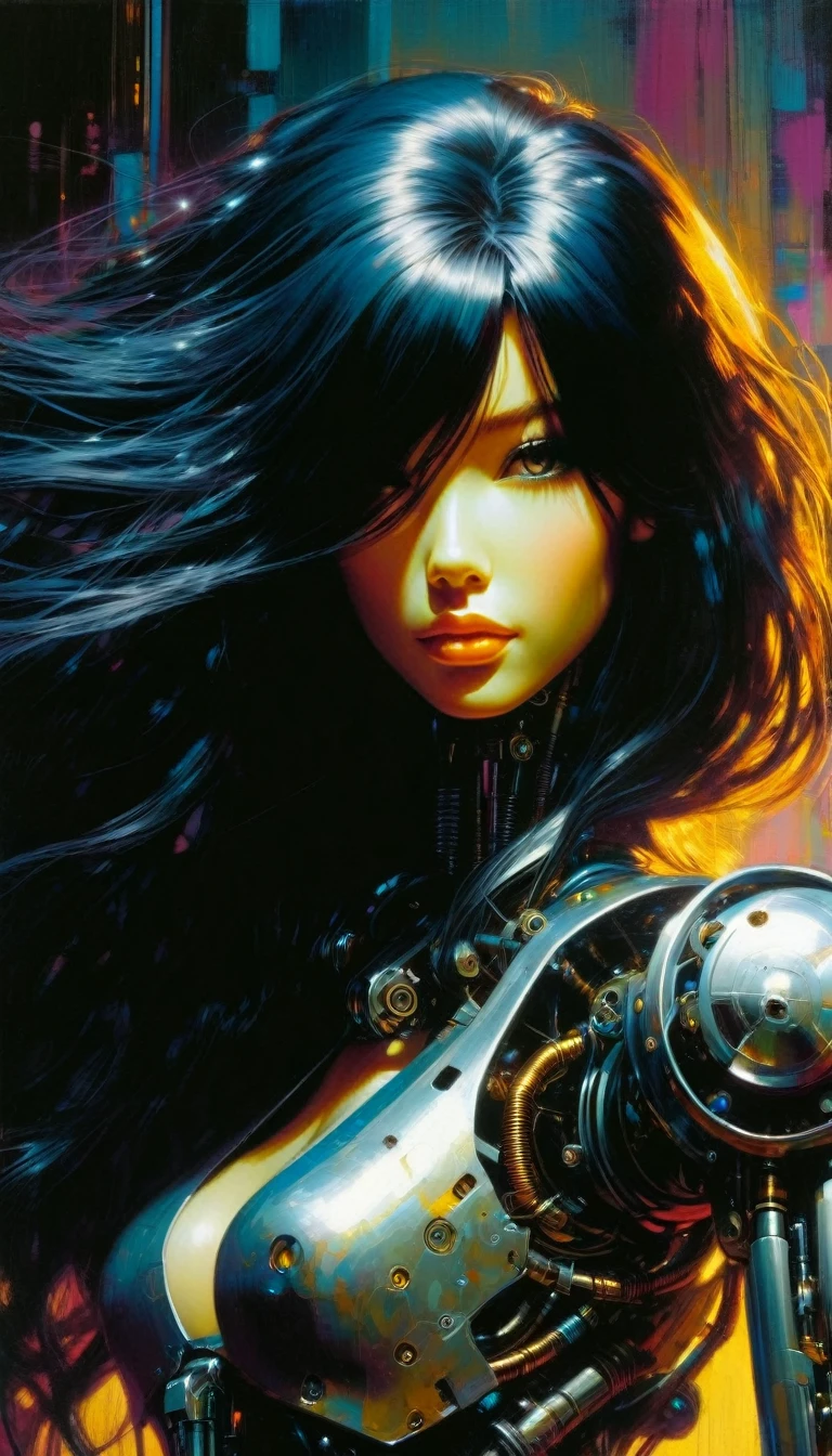 a mechanical girl with long black hair, beautiful and cute face, detailed mechanical body, highly realistic, oil painting, best quality, masterpiece, cinematic lighting, dramatic shadows, vibrant colors, dynamic composition, art inspired by Bill Sienkiewicz
