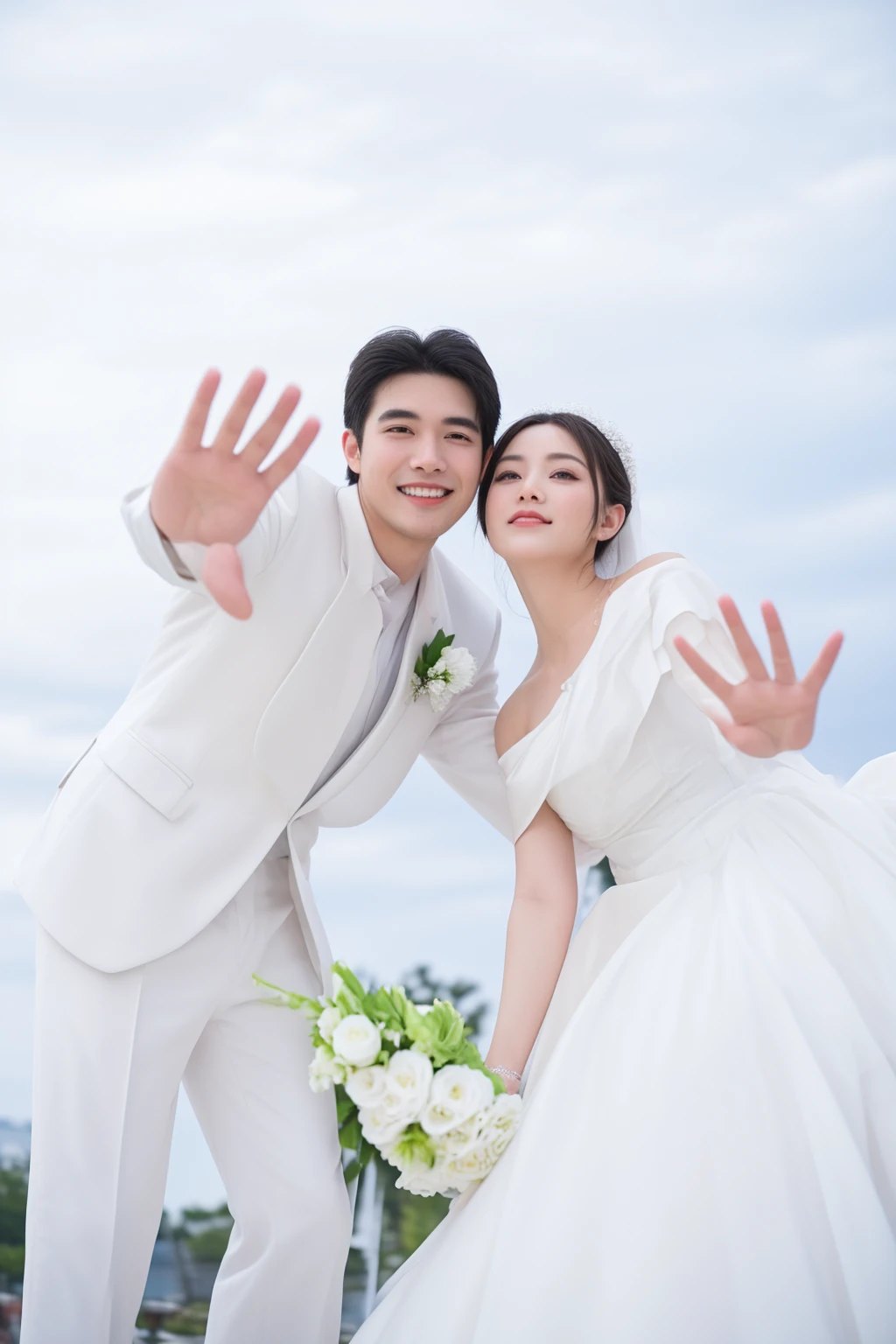 bride and groom posing for a picture in a white wedding dress, wedding photo, professional wedding photography, wedding, 🤬 🤮 💕 🎀, happy couple, bride and groom, couple pose, shot on nikon z9, groom, shot on canon eos r5, shot on canon eos r 5, wedding photography, wave a hand at the camera