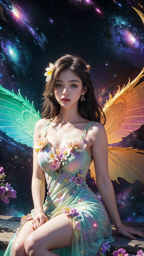 4k ultra hd, masterpiece, a girl, good face, detailed eyes, detailed lips, flower fairy girl, big wings, transparent wings, neon lights, (galaxy background:1.5), (flower dress:1.5), (green dress), in the heaven, sitting,