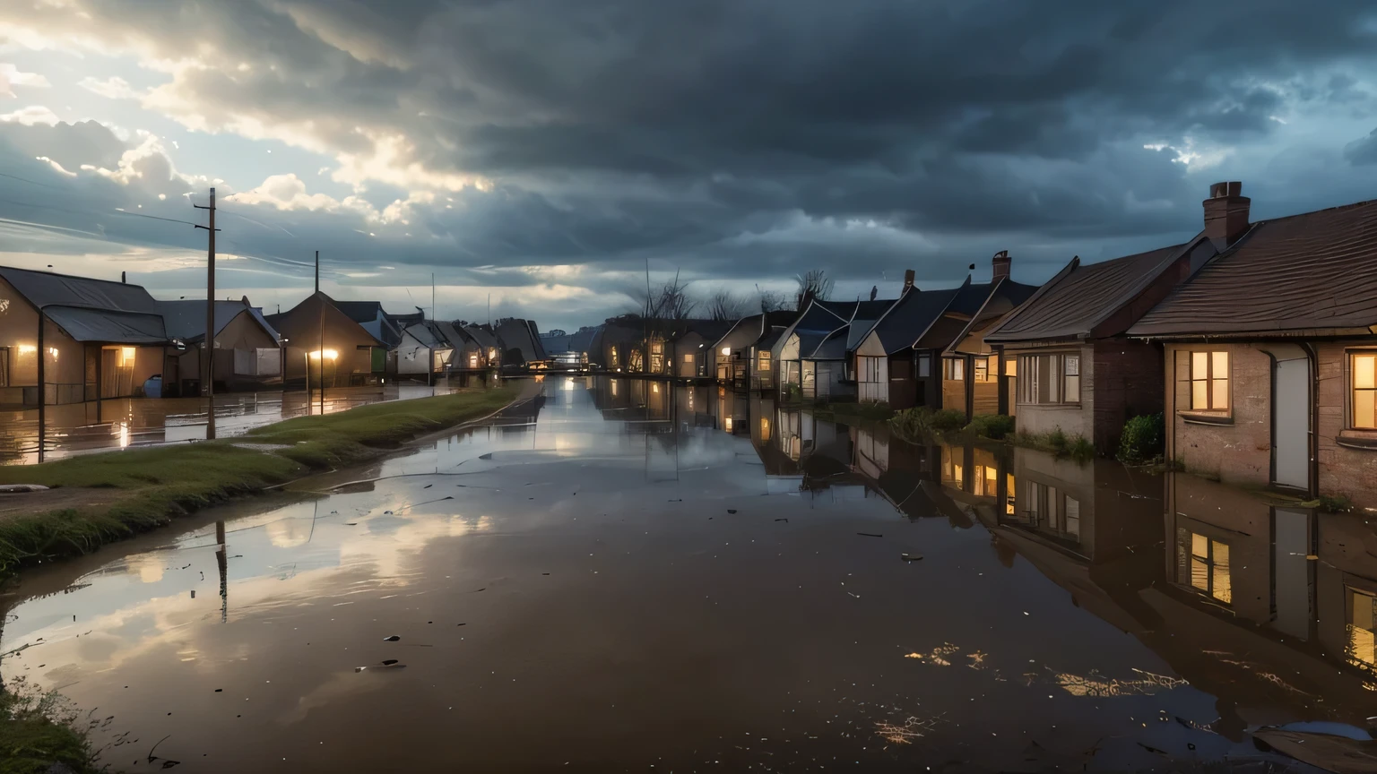 A flooded POOR village, realistic, (best quality,4k,8k,highres,masterpiece:1.2),ultra-detailed,(realistic,photorealistic,photo-realistic:1.37),HDR,UHD,studio lighting,ultra-fine painting,sharp focus,physically-based rendering,extreme detail description,professional,vivid colors,bokeh,dramatic lighting,stormy weather,rain,muddy ground,submerged houses,reflections in water,overflowing river,damaged buildings,waterlogged streets,people evacuating,emergency vehicles,dramatic sky,moody atmosphere