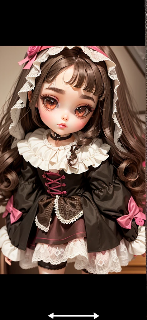 Make a blythe doll with dark brown eyes, dark brown hair with curtain bangs, dark brown eyebrows with small eyeliner, beautiful eyelashes and lips with dark pink cupid's bow and light brown skin. With a wine red long-sleeved shirt and skirt black