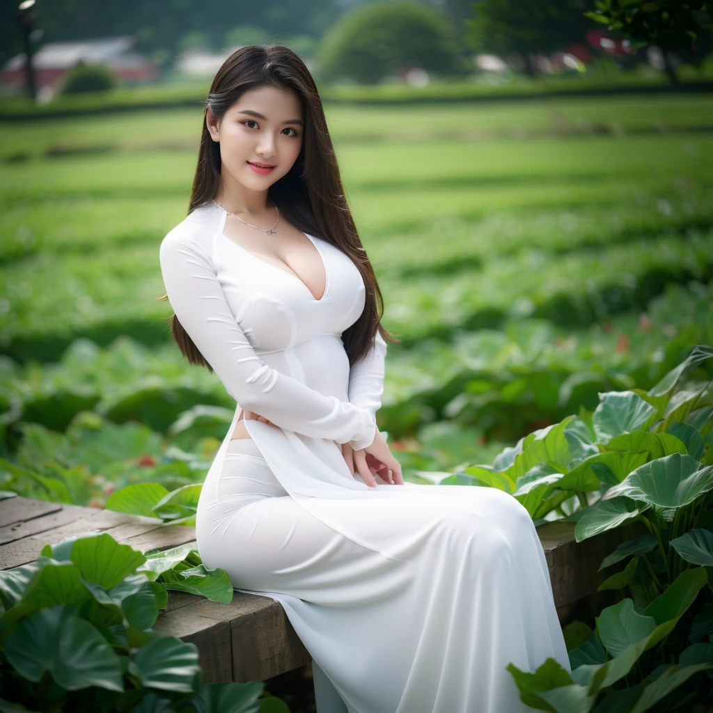 big breasts, round breasts, wearing bra inside ao dai, slim figure, beautiful figure, big breasts, ponytail, sharp 8k quality photo, ((beautiful, sharp, balanced face details) for )), ((beautiful breasts, exposed cleavage, plump body), ((beautiful sparkling eyes, sharp eye details, beautiful face)), sitting in the middle of rice fields, ((super beautiful body with high details , tight body, wide chest, slim waist)), ((thin cleavage, round breasts))
