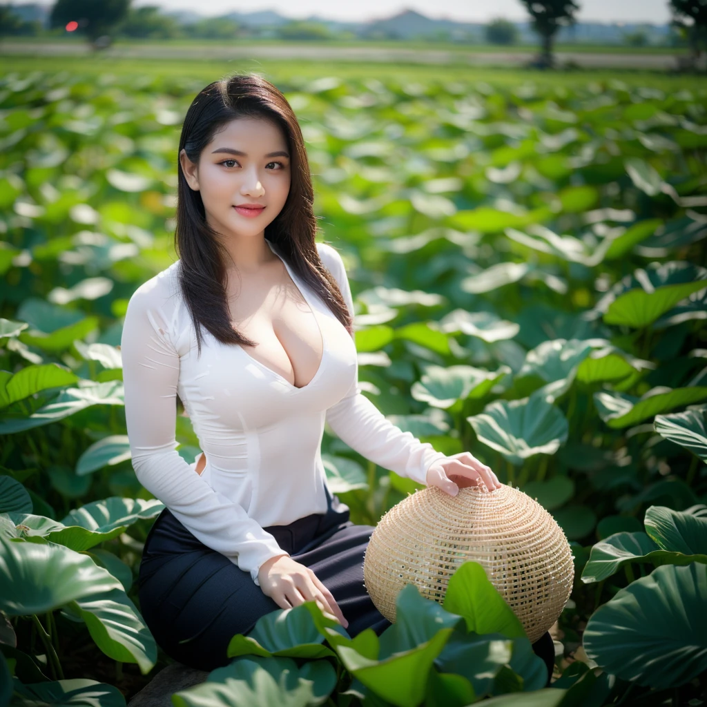 big breasts, round breasts, wearing bra inside ao dai, slim figure, beautiful figure, big breasts, ponytail, sharp 8k quality photo, ((beautiful, sharp, balanced face details) for )), ((beautiful breasts, exposed cleavage, plump body), ((beautiful sparkling eyes, sharp eye details, beautiful face)), sitting in the middle of rice fields, ((super beautiful body with high details , tight body, wide chest, slim waist)), ((thin cleavage, round breasts))