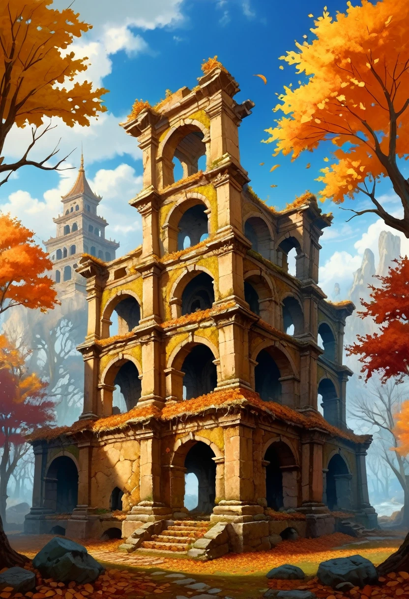 , Late autumn ruins, high quality, Very detailed, illustration, Dough, canvas, , fantasy,