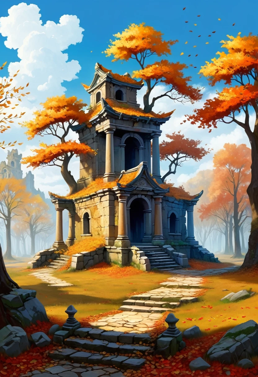 , Late autumn ruins, high quality, Very detailed, illustration, Dough, canvas, , fantasy,