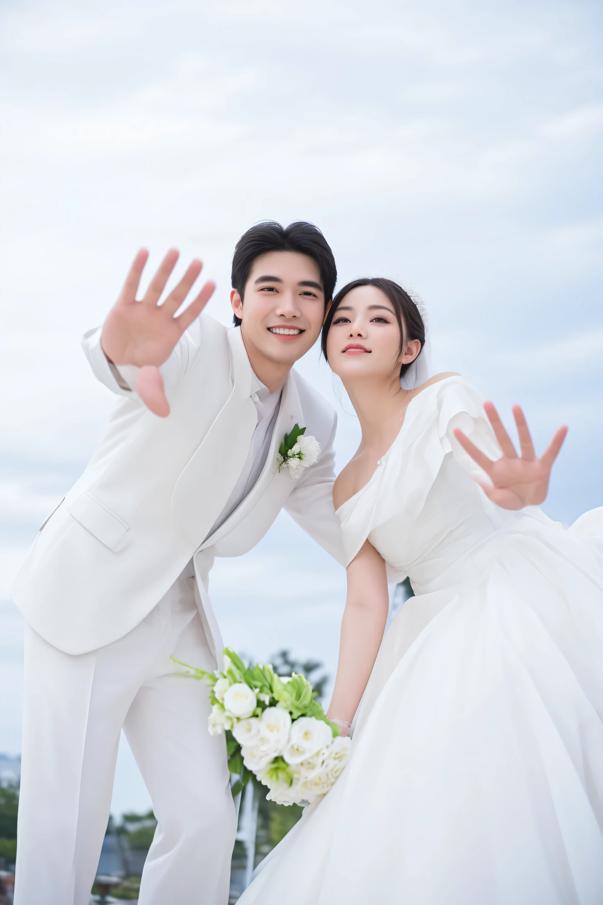 bride and groom posing for a picture in a white wedding dress, wedding photo, professional wedding photography, wedding, 🤬 🤮 💕 🎀, happy couple, bride and groom, couple pose, shot on nikon z9, groom, shot on canon eos r5, shot on canon eos r 5, wedding photography, wave a hand at the camera