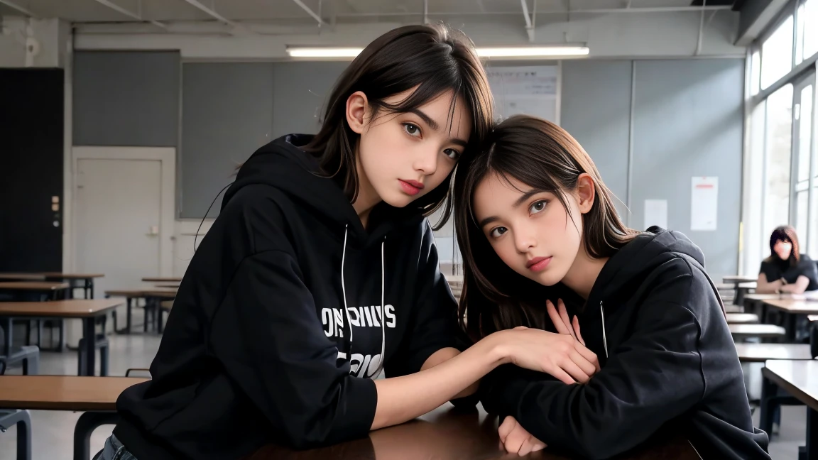 deux femmes ensemble de 18 ans sexy et mince , black short sleeve hoodie , salle de classe, se touche,position sey,sensuel