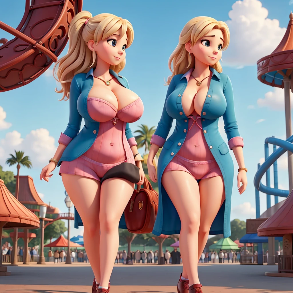 Woman with huge breasts walking in an amusement park showing her provocative cleavage