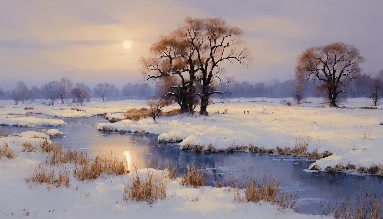 (Masterpiece, Top Quality, Best Quality, Official Art, Beautiful and Aesthetic:1.2), Winter Country Landscapes depict scenes of the countryside in winter, often with snow-covered fields, frozen rivers and barren trees. These paintings have a blue and white color palette and are known for their serene and peaceful atmosphere.