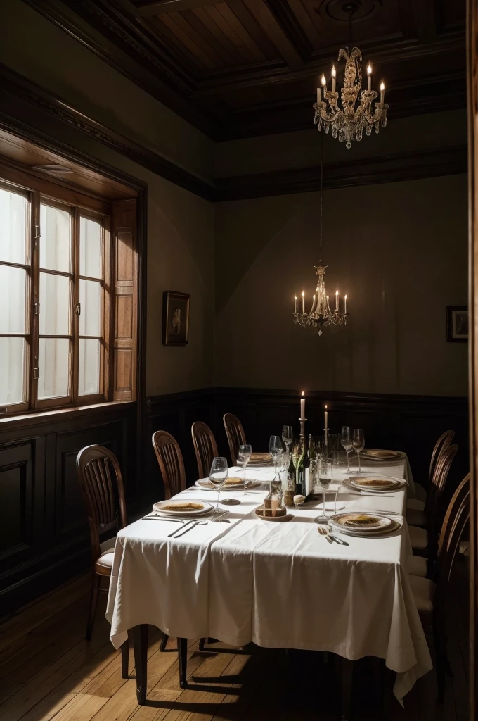 A table where there are 6 ghosts having dinner (Reference to the Holy Supper painting) with your cutlery in hand, on the table there are wines, the environment looks a bit old with cobwebs lining the ceiling a bit gloomy 