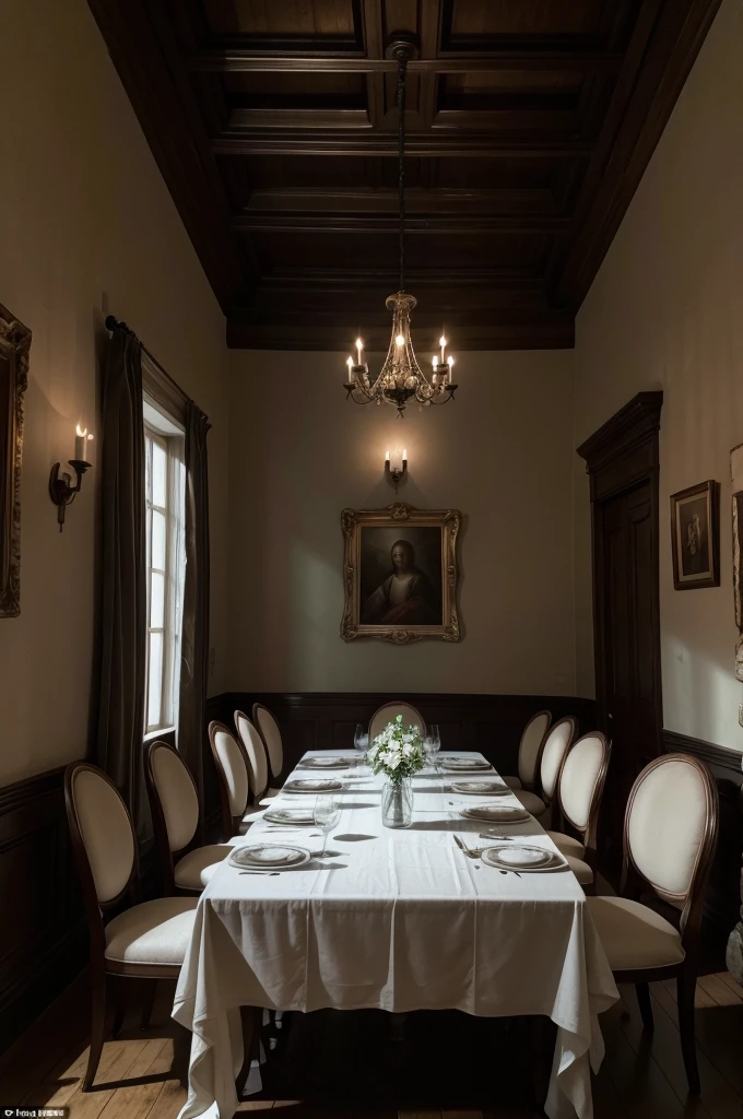 A table where there are 6 ghosts having dinner (Reference to the Holy Supper painting) with your cutlery in hand, on the table there are wines, the environment looks a bit old with cobwebs lining the ceiling a bit gloomy