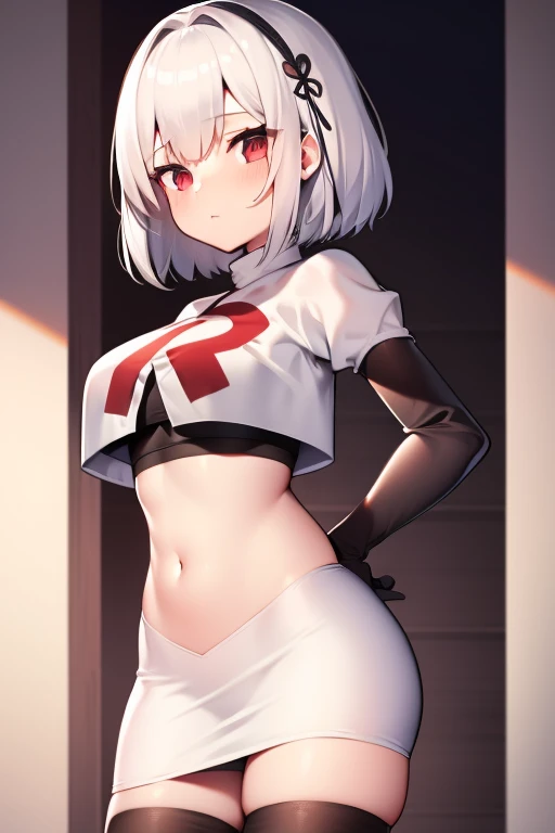 sirius (azur lane),white hair,red eyes,1girl,short hair,headband,team rocket,team rocket uniform,white skirt,red letter R,crop top,black thigh-highs,black elbow gloves