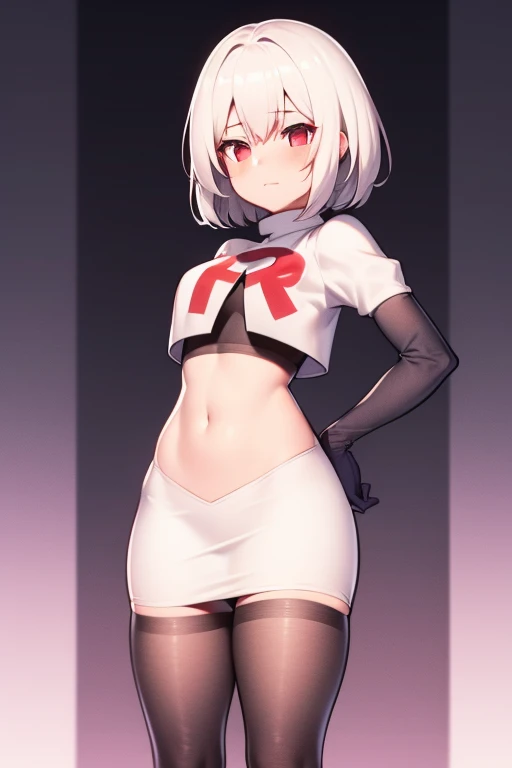 sirius (azur lane),white hair,red eyes,1girl,short hair,headband,team rocket,team rocket uniform,white skirt,red letter R,crop top,black thigh-highs,black elbow gloves