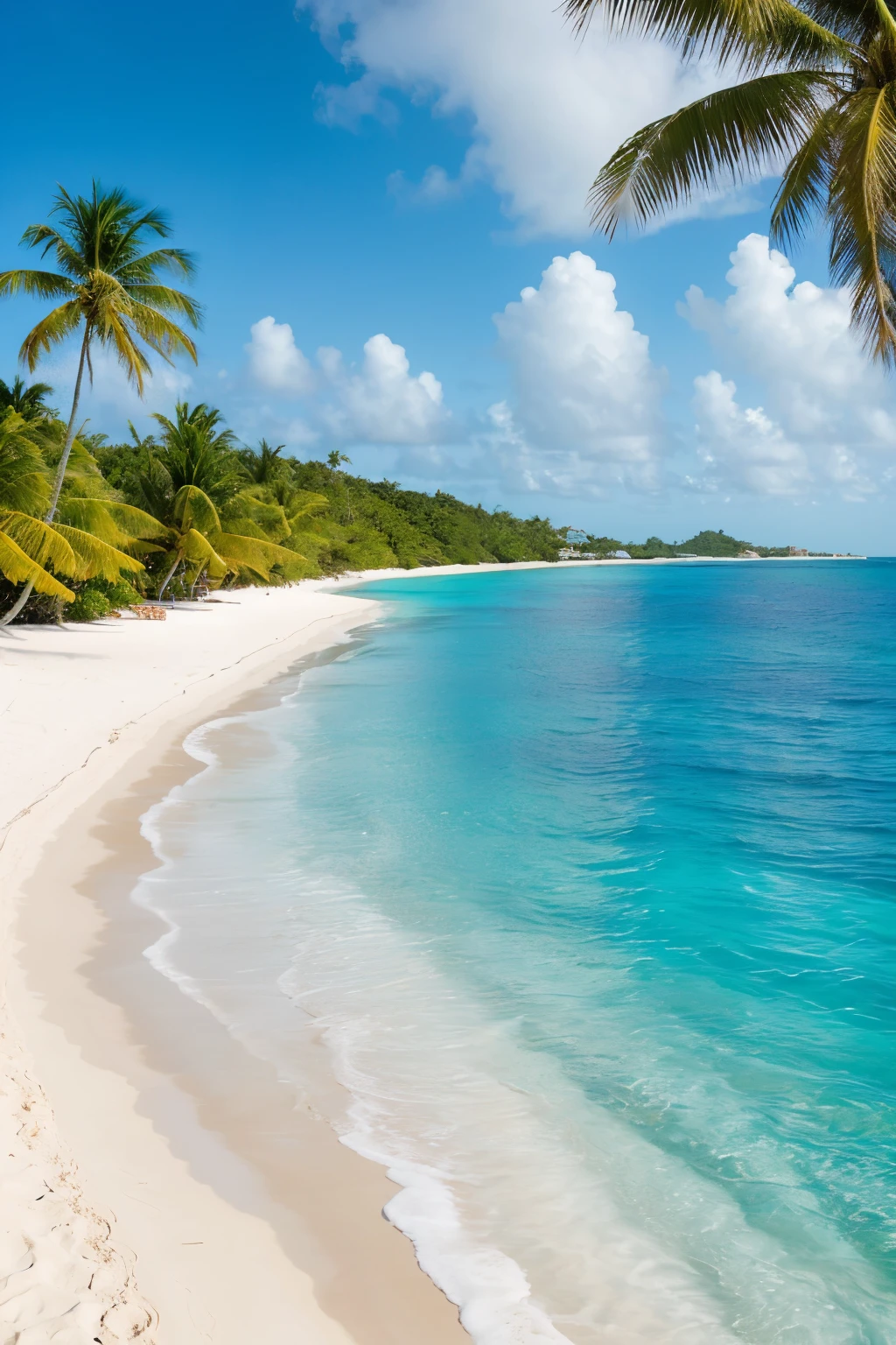 ((best quality)), ((masterpiece)), (detailed), A realistic scene of the Caribbean Sea. Crystal-clear turquoise water stretches out under a bright blue sky. Gentle waves lap against a pristine sandy beach. A few palm trees sway lightly in the breeze, casting soft shadows on the sand. The sun is shining brightly, creating sparkling reflections on the water's surface. The atmosphere is calm and inviting