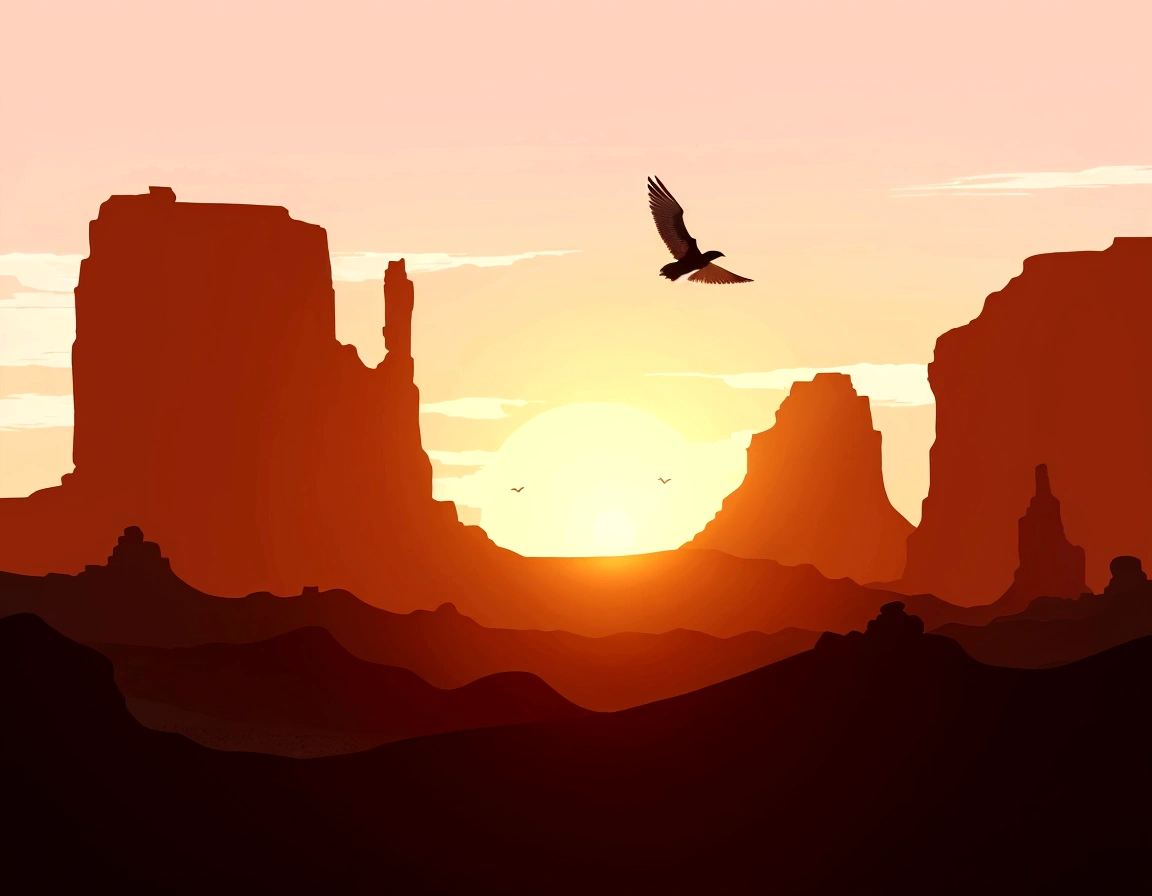 a close up of a bird flying over a desert landscape, canyon background, background artwork, desert sunrise in the background, new mexican desert background, western background, background art, desert background, sunset illustration, wild west background, sunset background, sunset in the desert, desert landscape, dark desert background, desert scenery, 4 k hd illustrative wallpaper, landscape wallpaper