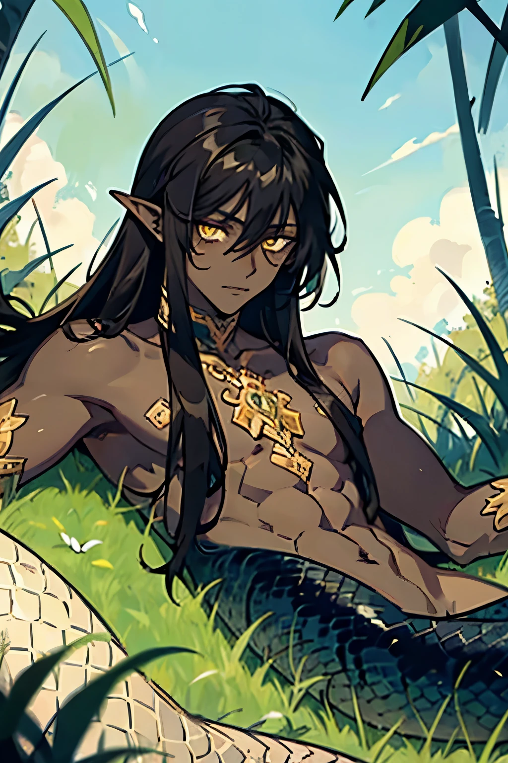 1 male, lamia, dark skin, black skin, tan skin, bright eyes, long dark hair, thick grass, laying in grass, looking through grass, scales, bare torso,