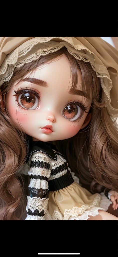 Blythe doll -hair bangs -brown skin -small black eyes -small nose -thin lips -long hair