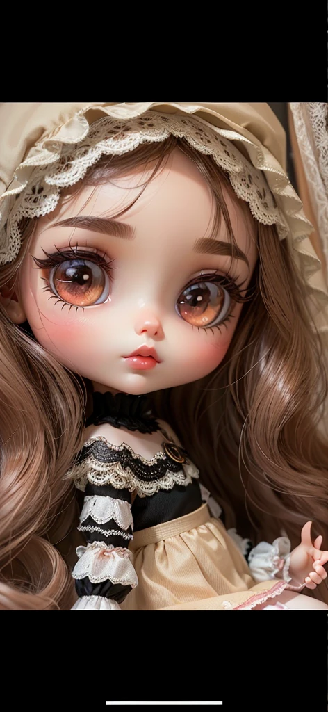 Make a blythe doll with dark brown eyes, dark brown hair with curtain bangs, dark brown eyebrows with small eyeliner, beautiful eyelashes and lips with dark pink cupid's bow and light brown skin. With a wine red long-sleeved shirt and skirt black