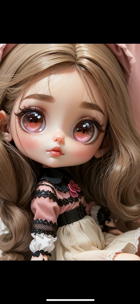 Make a blythe doll with dark brown eyes, dark brown hair with curtain bangs, dark brown eyebrows with small eyeliner, beautiful eyelashes and lips with dark pink cupid's bow and light brown skin. With a wine red long-sleeved shirt and skirt black