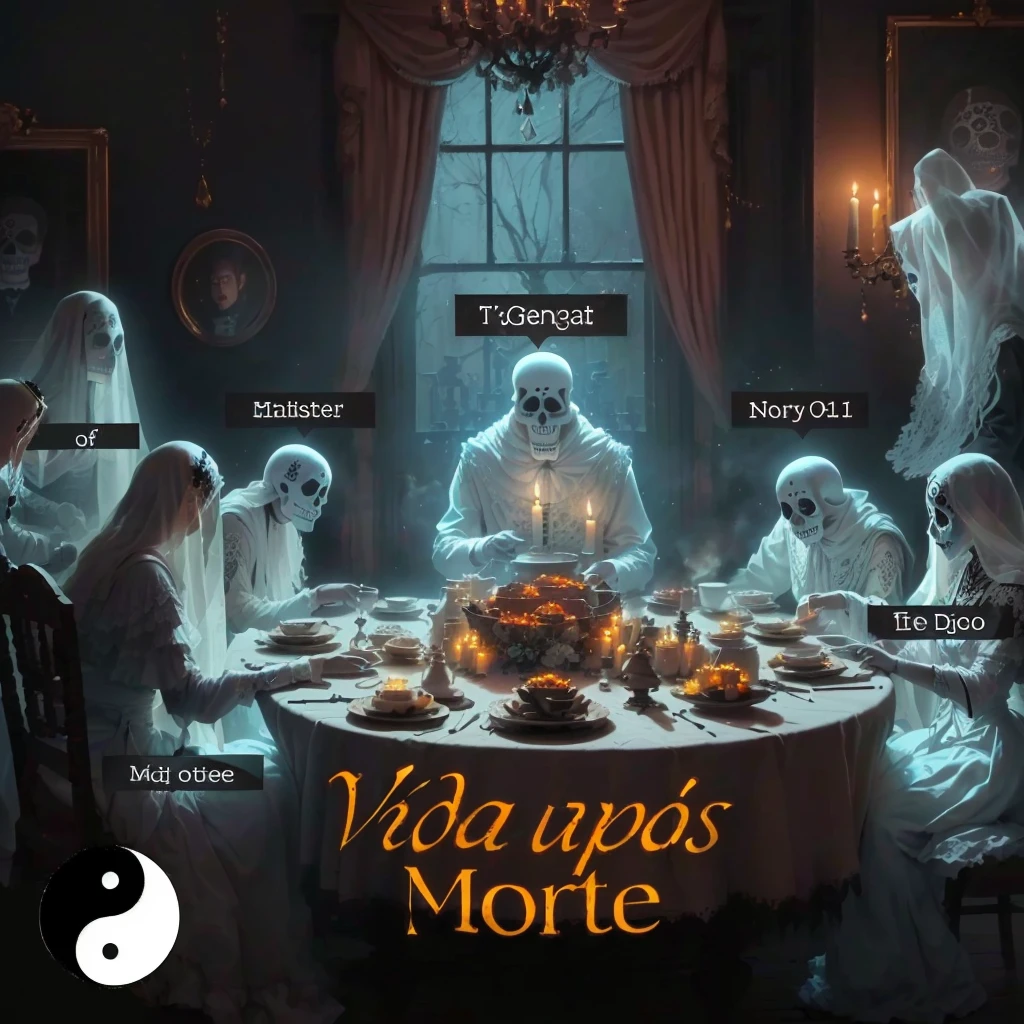 a close-up of a table with a group of ghostly people sitting around it, Day of the Dead!, Day of the Dead, ( Day of the Dead ), Mori moment, day of the dead, by Victor Adame Minguez, ( ( ( Day of the Dead ) ) ), ( day of the dead )