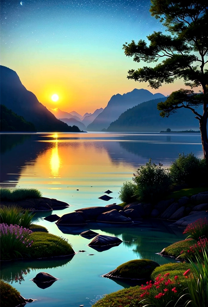 highest quality、Landscape painting、nature、night景、night、bigmoon、Starry Sky